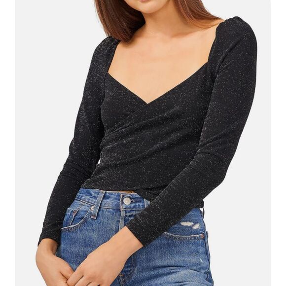 1 state black glitter print  top Cropped Textured Wrap Top long sleeve size M - Picture 6 of 16